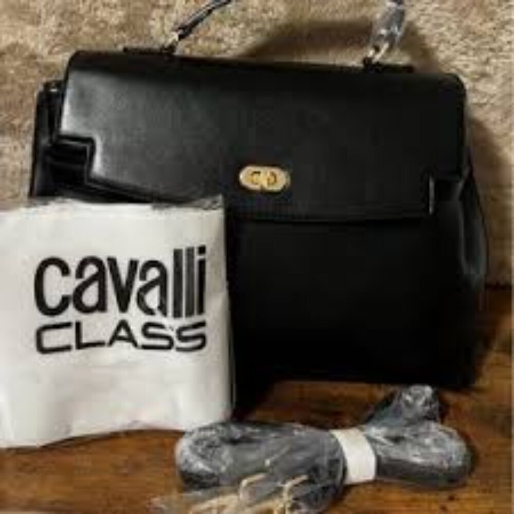 NWT- CAVALLI TATIANA LARGE BLACK POLISHED STRUCTURED BAG WITH TOP HANDLE - Picture 6 of 7